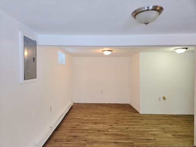 basement with hardwood / wood-style floors and electric panel