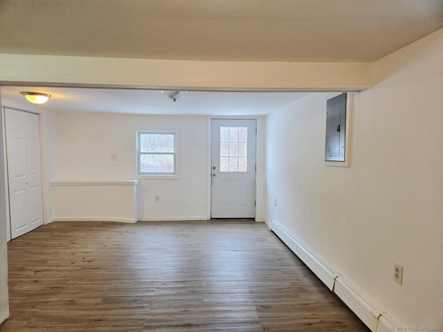 interior space featuring baseboard heating, electric panel, and dark wood-type flooring