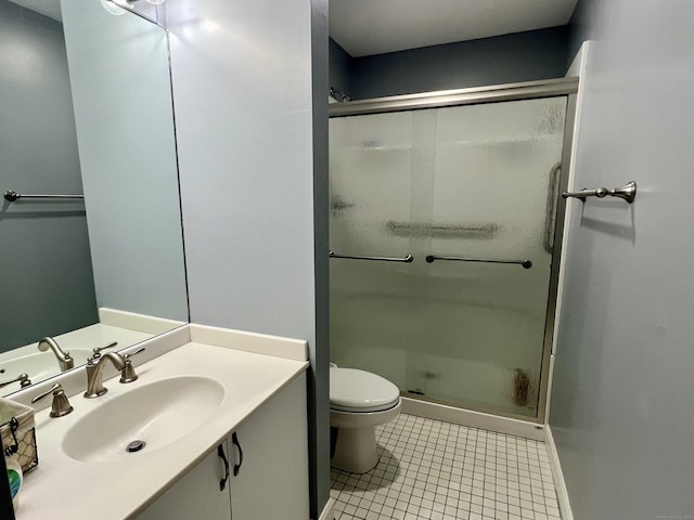 bathroom with tile patterned floors, vanity, walk in shower, and toilet