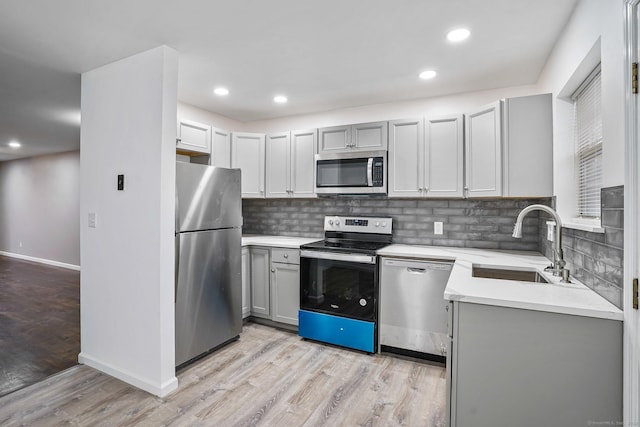 kitchen featuring sink, decorative backsplash, gray cabinets, light wood-type flooring, and appliances with stainless steel finishes