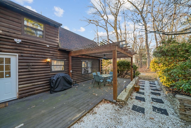 wooden terrace featuring a pergola and grilling area