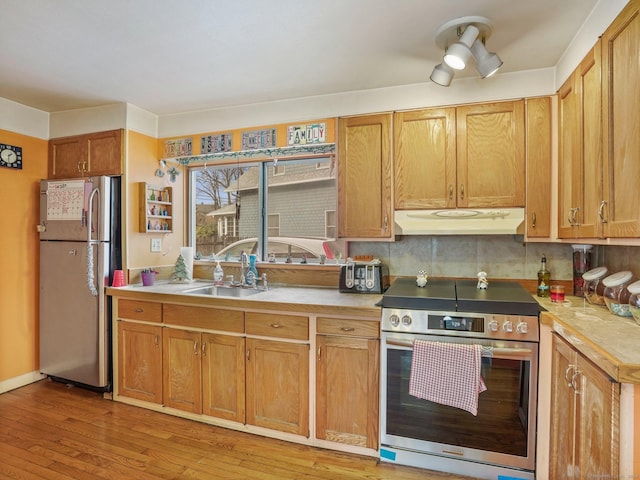 kitchen with backsplash, light hardwood / wood-style floors, sink, and appliances with stainless steel finishes