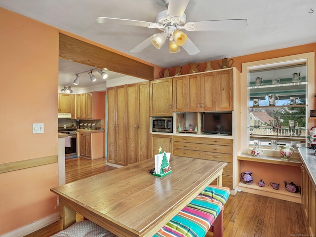 dining area featuring ceiling fan and light hardwood / wood-style flooring