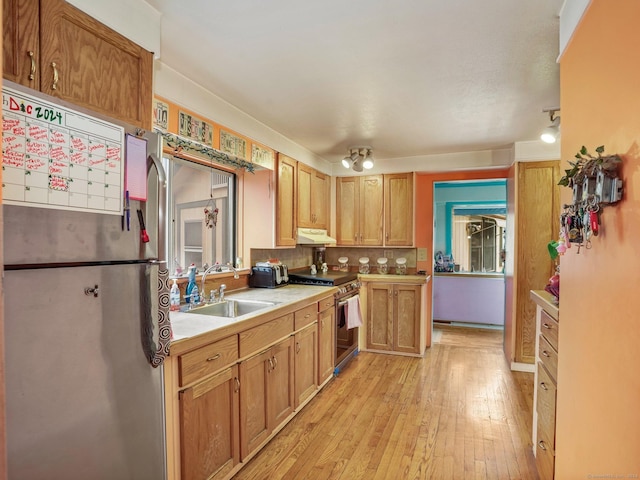 kitchen with decorative backsplash, stainless steel appliances, light hardwood / wood-style flooring, and sink