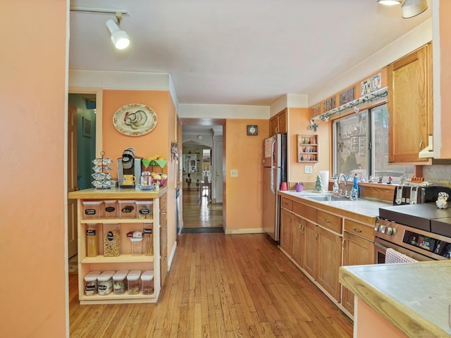 kitchen with sink, appliances with stainless steel finishes, and light wood-type flooring