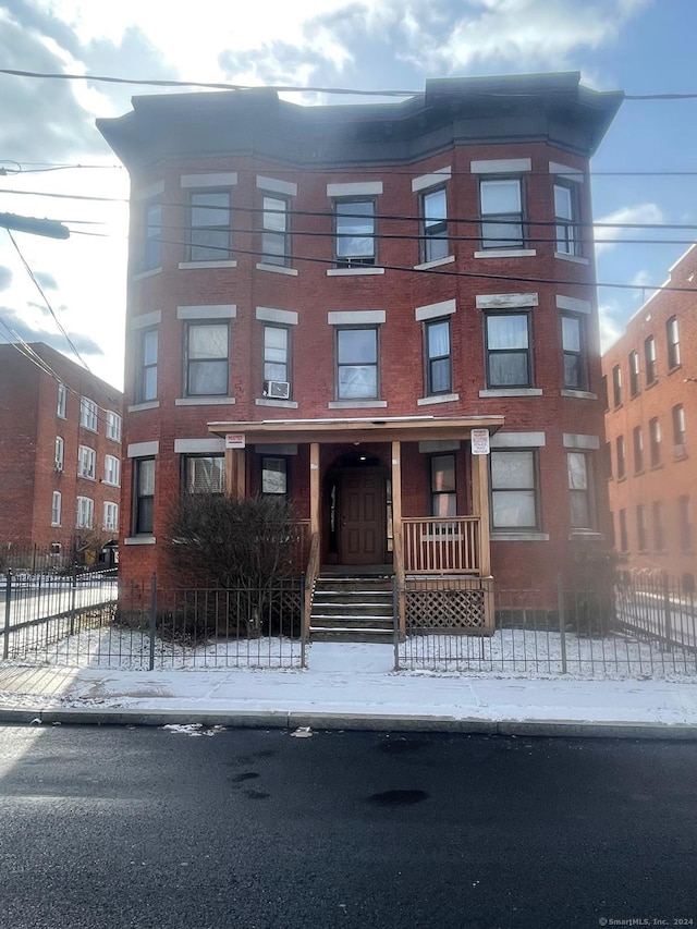 view of snow covered building