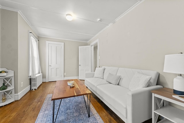 living room featuring hardwood / wood-style floors, radiator heating unit, and crown molding