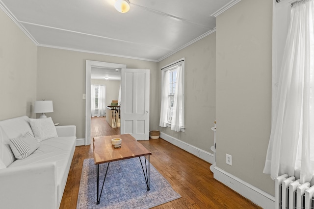 living room featuring radiator, hardwood / wood-style floors, and ornamental molding