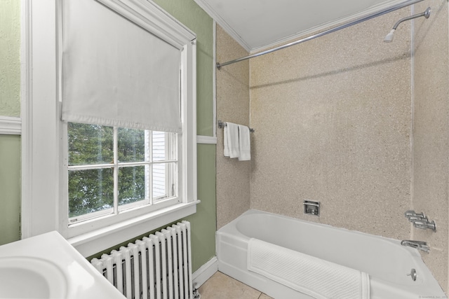 bathroom featuring tile patterned floors, radiator, bathing tub / shower combination, and ornamental molding