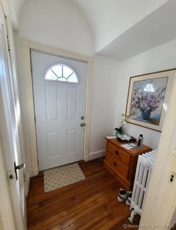 entryway featuring radiator heating unit and dark hardwood / wood-style floors