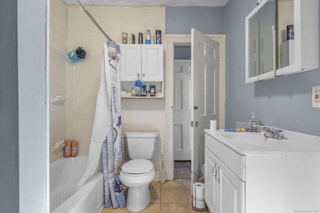 full bathroom with tile patterned floors, vanity, toilet, and shower / bathtub combination with curtain