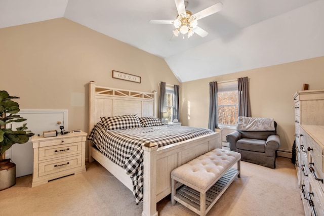 bedroom with ceiling fan, lofted ceiling, light carpet, and baseboard heating