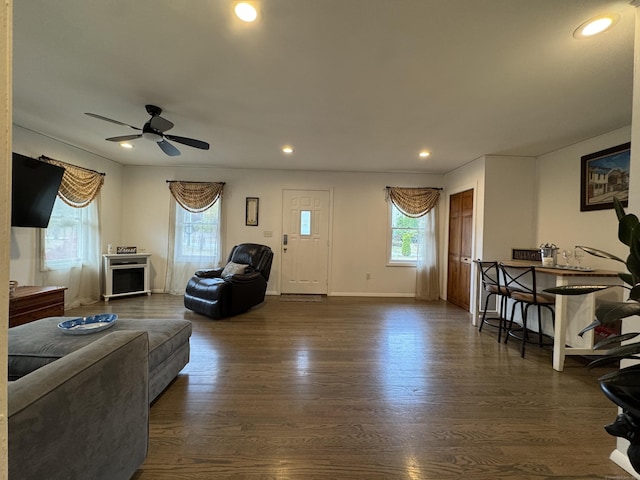 living room featuring ceiling fan and dark hardwood / wood-style floors