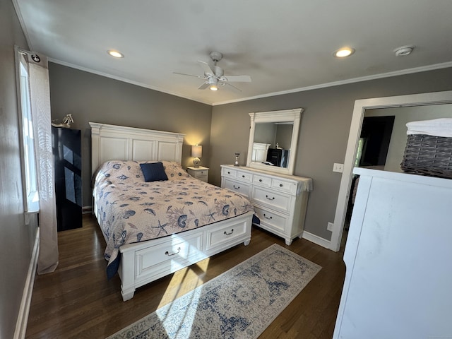 bedroom with crown molding, ceiling fan, and dark hardwood / wood-style flooring