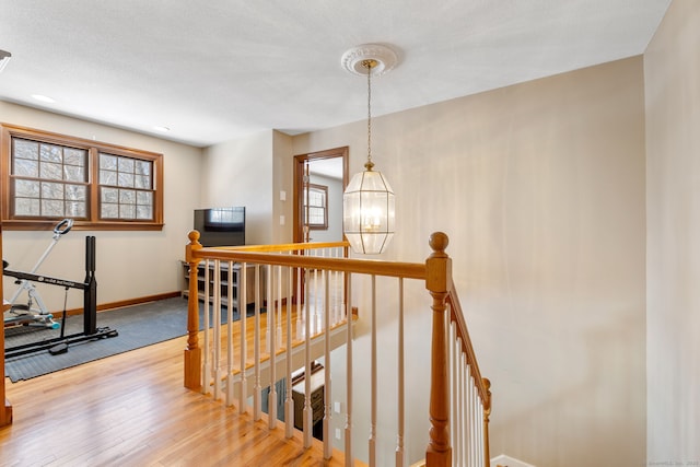 staircase with an inviting chandelier and hardwood / wood-style flooring