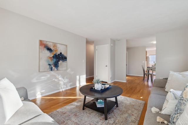 living area featuring baseboards and wood finished floors