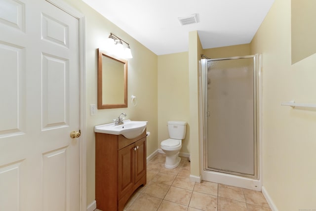 bathroom with tile patterned flooring, vanity, a shower with shower door, and toilet