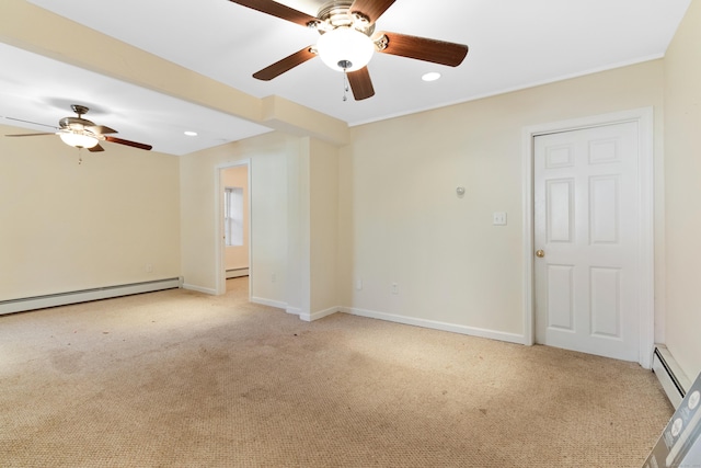 carpeted empty room with a baseboard heating unit