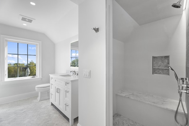 bathroom featuring toilet, vanity, vaulted ceiling, and walk in shower