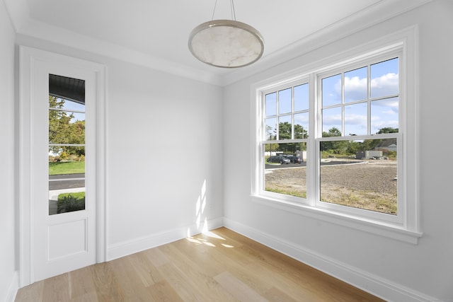 empty room with crown molding and light hardwood / wood-style floors