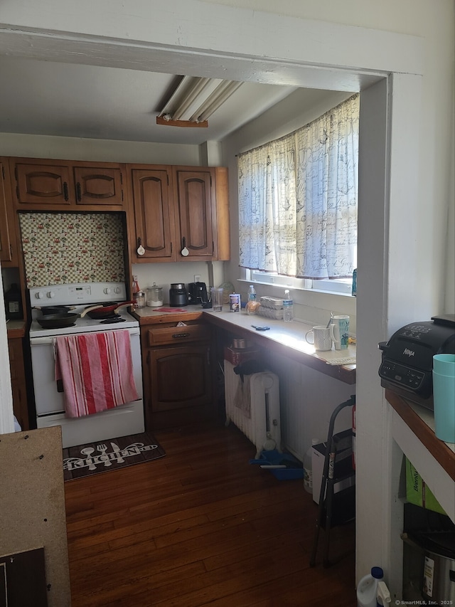 kitchen with decorative backsplash, dark hardwood / wood-style floors, and white stove