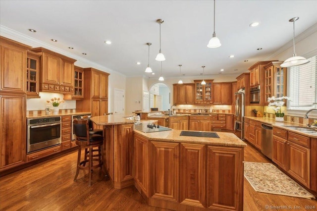 kitchen featuring sink, decorative light fixtures, dark hardwood / wood-style floors, stainless steel appliances, and a large island