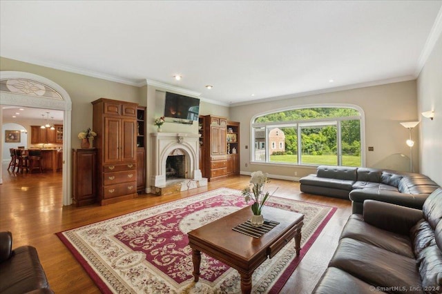 living room with crown molding and wood-type flooring