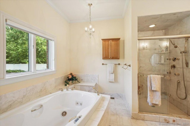 bathroom featuring ornamental molding, shower with separate bathtub, and a notable chandelier