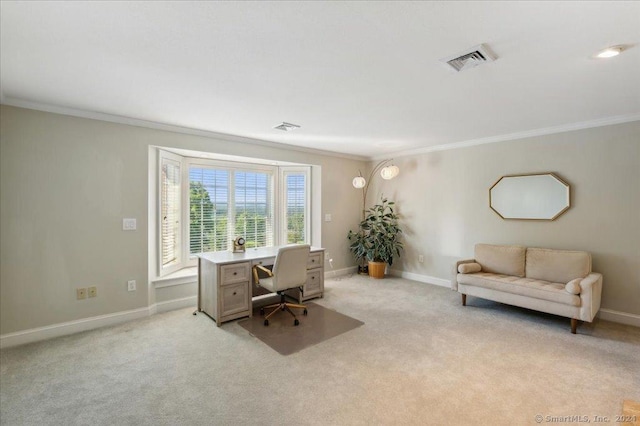 carpeted home office with ornamental molding