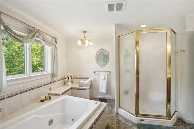 bathroom with a notable chandelier, ornamental molding, and separate shower and tub