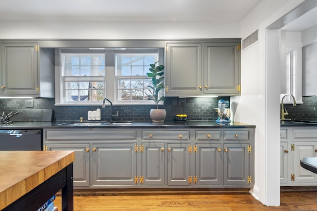 kitchen featuring dark countertops, gray cabinets, dishwasher, and a sink