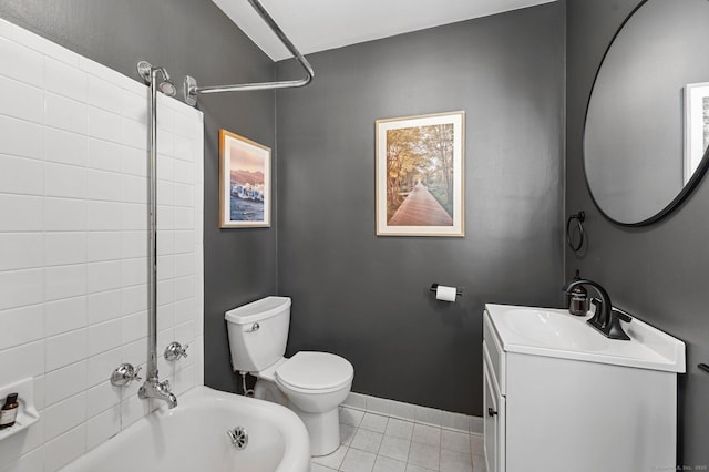 bathroom with baseboards, toilet, shower / tub combination, tile patterned flooring, and vanity