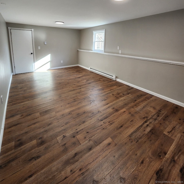 empty room featuring dark hardwood / wood-style floors and baseboard heating