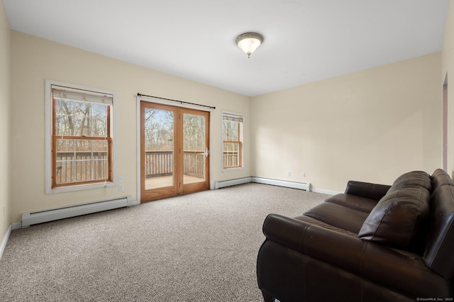 carpeted living room featuring a baseboard radiator