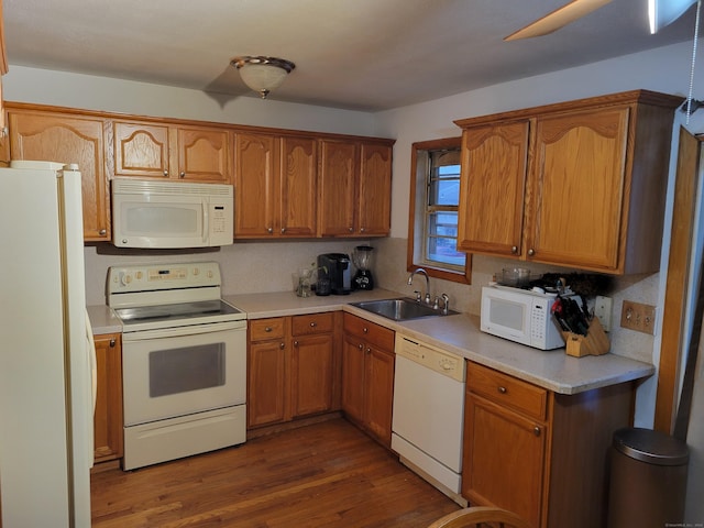 kitchen with white appliances, backsplash, dark wood-type flooring, and sink