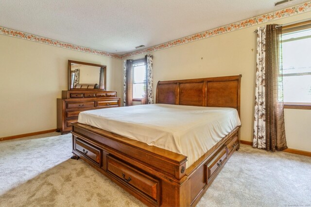 bedroom with light colored carpet, baseboards, and a textured ceiling