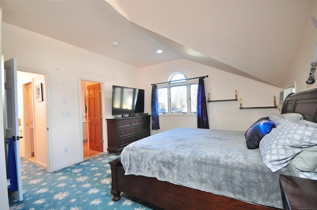 bedroom with carpet floors and vaulted ceiling