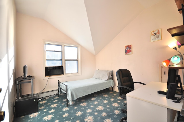 carpeted bedroom featuring vaulted ceiling and cooling unit