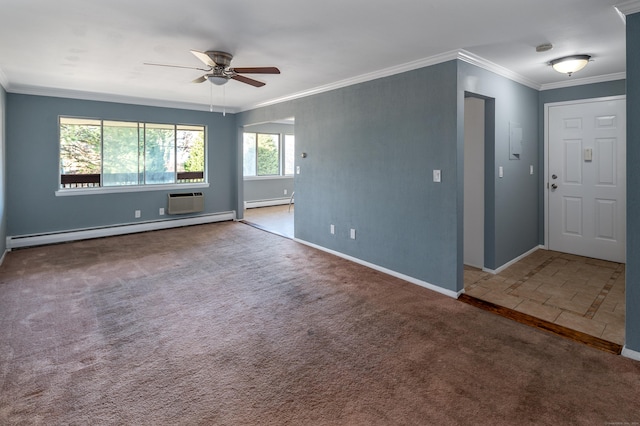 unfurnished room featuring ceiling fan, baseboard heating, crown molding, and carpet flooring