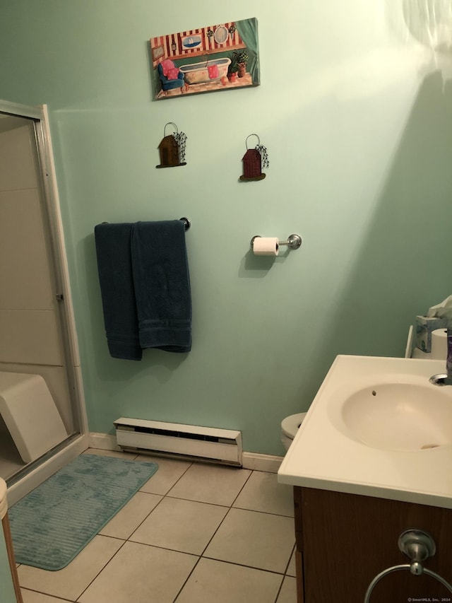 bathroom featuring a baseboard radiator, walk in shower, tile patterned flooring, toilet, and vanity