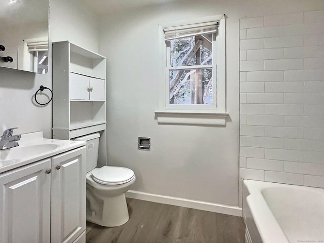 bathroom featuring toilet, vanity, and hardwood / wood-style flooring