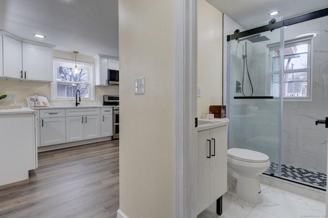 bathroom featuring hardwood / wood-style floors, vanity, a shower with door, and toilet