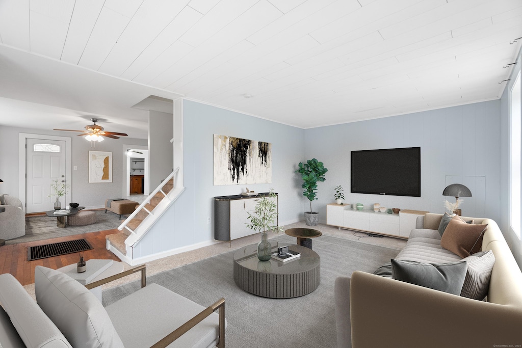 living room with wooden ceiling and light hardwood / wood-style flooring