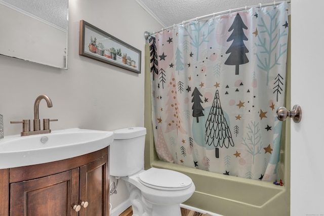 full bathroom featuring vanity, shower / bathtub combination with curtain, a textured ceiling, and toilet