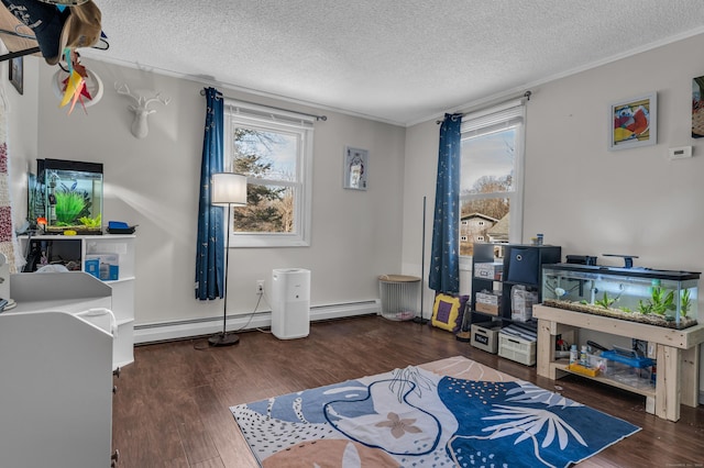 interior space featuring dark hardwood / wood-style floors, crown molding, a textured ceiling, and a baseboard radiator