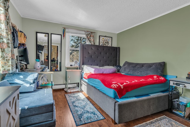 bedroom with crown molding, dark hardwood / wood-style flooring, a textured ceiling, and a baseboard radiator