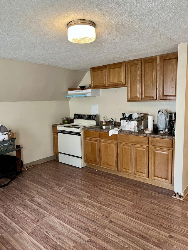 kitchen featuring sink, dark wood-type flooring, a textured ceiling, and white electric stove