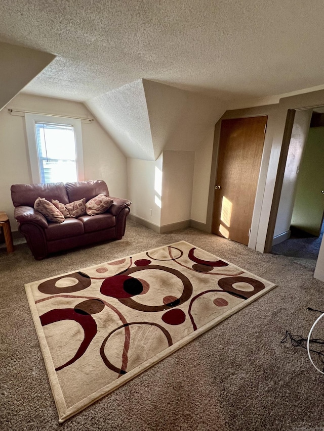 bonus room featuring vaulted ceiling, carpet floors, and a textured ceiling