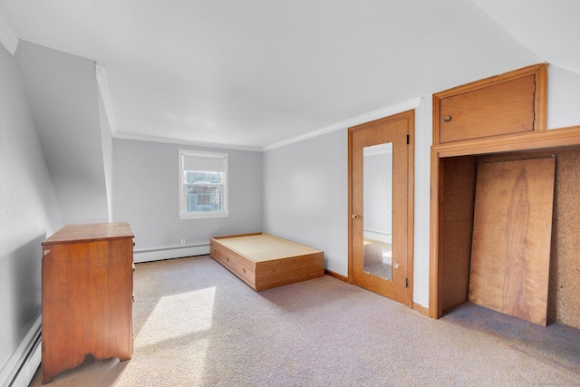 unfurnished bedroom with light colored carpet, a baseboard radiator, and ornamental molding