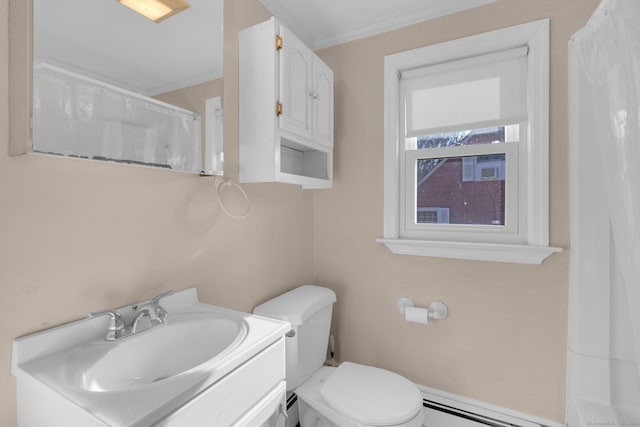 bathroom featuring vanity, toilet, crown molding, and a baseboard radiator